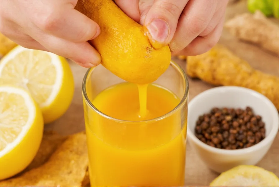 Fresh turmeric root being juiced with lemon and black pepper for maximum curcumin absorption