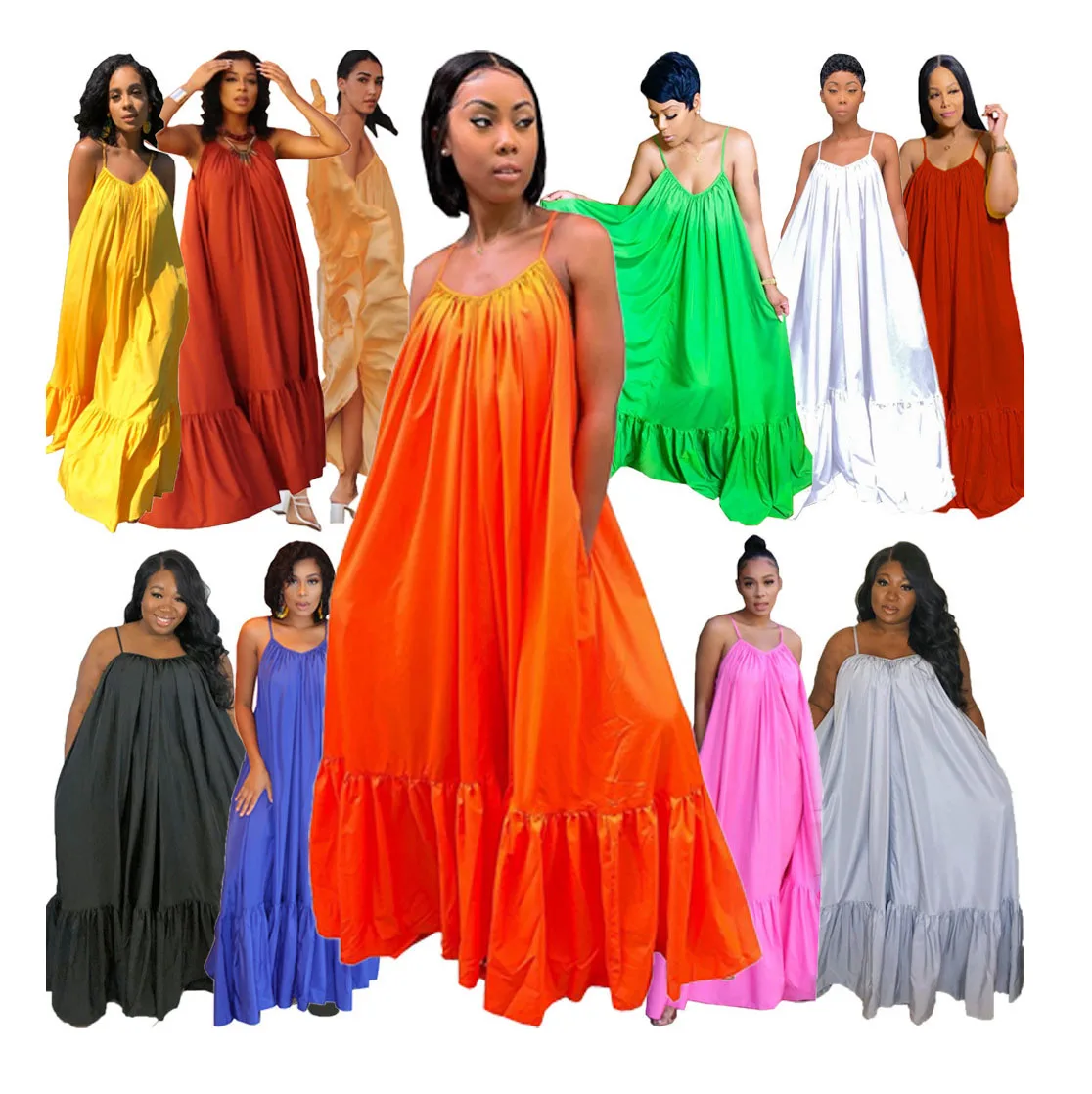 

SA210404 drop shipping summer solid color spaghetti strap open back plus size a-line maxi woman pleated dress, As pictures showed