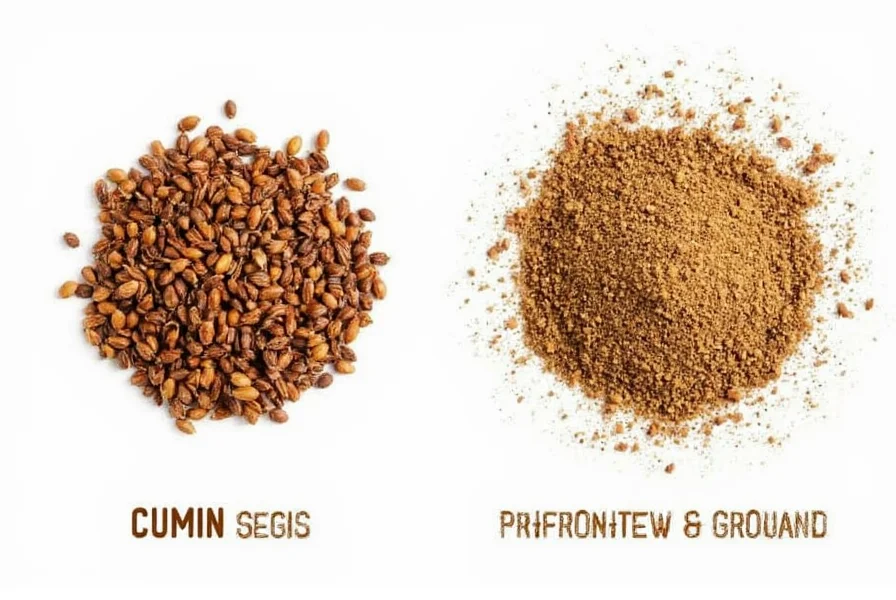 Side-by-side comparison of cumin seeds and ground cumin with pronunciation symbols
