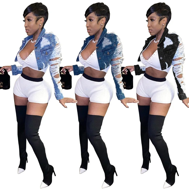 

2021 Short Style Ladies Denim Jeans Jacket Ripped Holes Jacket Women Denim Coat