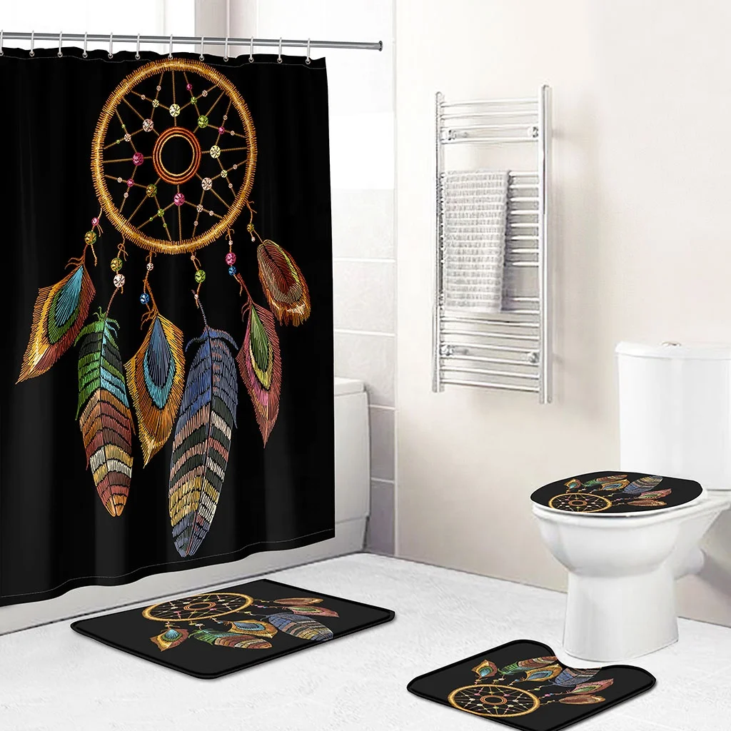 

Watercolor Decor Art Dream Catcher Feathers Design Native American Style Custom Print Waterproof bath Shower Curtains 4 pcs Sets, Custom-made