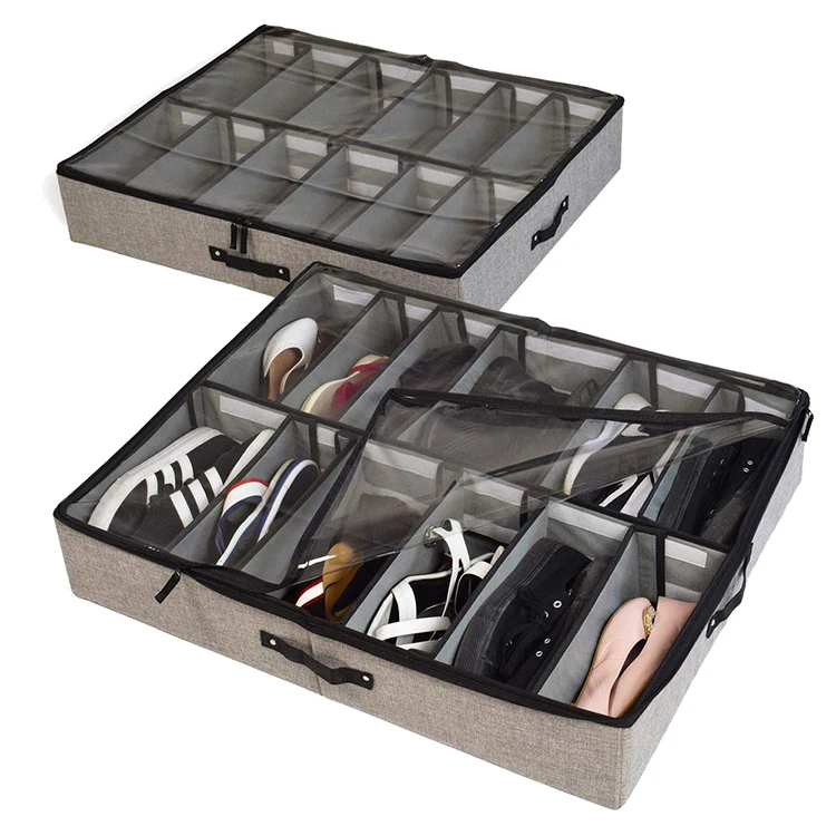 

Amazon Hot Selling Clear Pvc Foldable Durable High Quality 12 Pairs Under Bed Holder Fabric Storage Shoes Organizer, Grey,black,white or customized color
