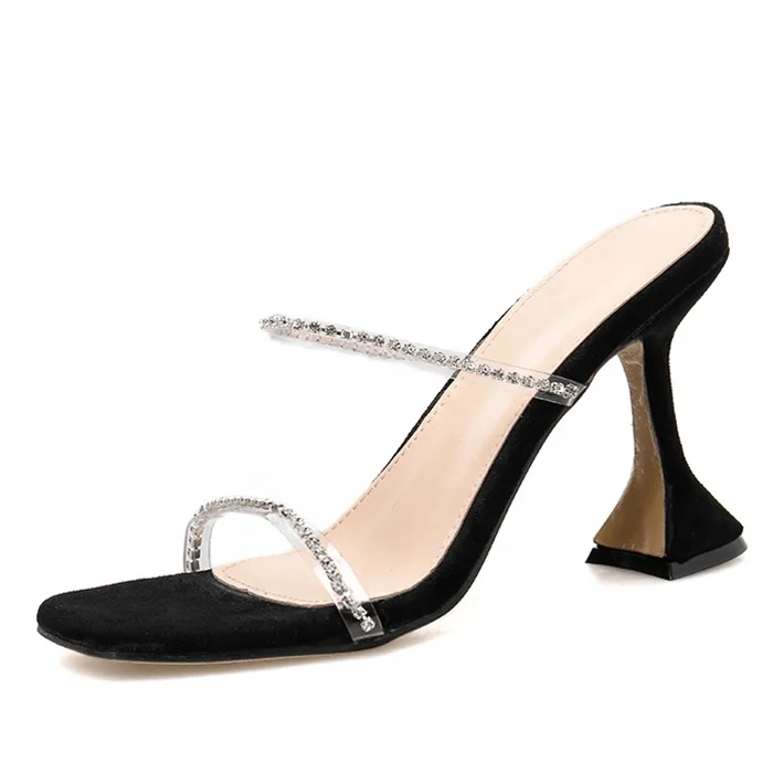 

Crystal Diamonds PVC Slippers for Women High Kitten Heels Sandals Shoes Open Square toe Pumps, Black mixed color