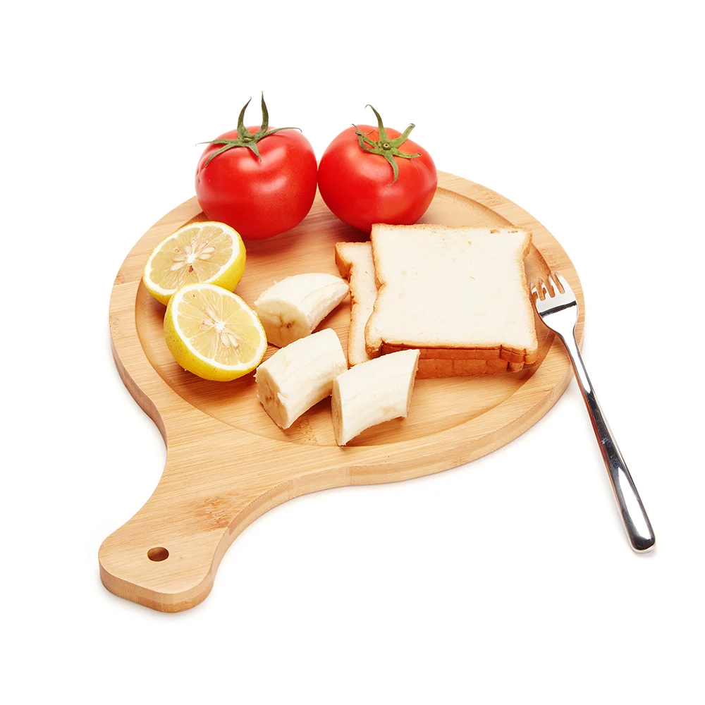 

Custom Round 25cm Wooden Tray with Handle Bamboo Fruit Bread Pizza Steak Board Cutting Board with Containers, Natural