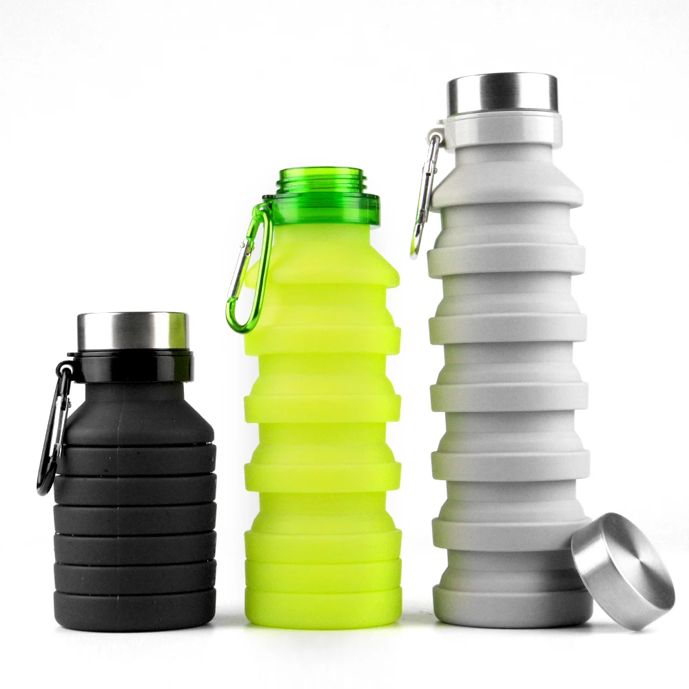 

550ml/18oz Leak proof collapsible silicone folding water bottle custom color with carabiner, Can be customized as per the pantone number