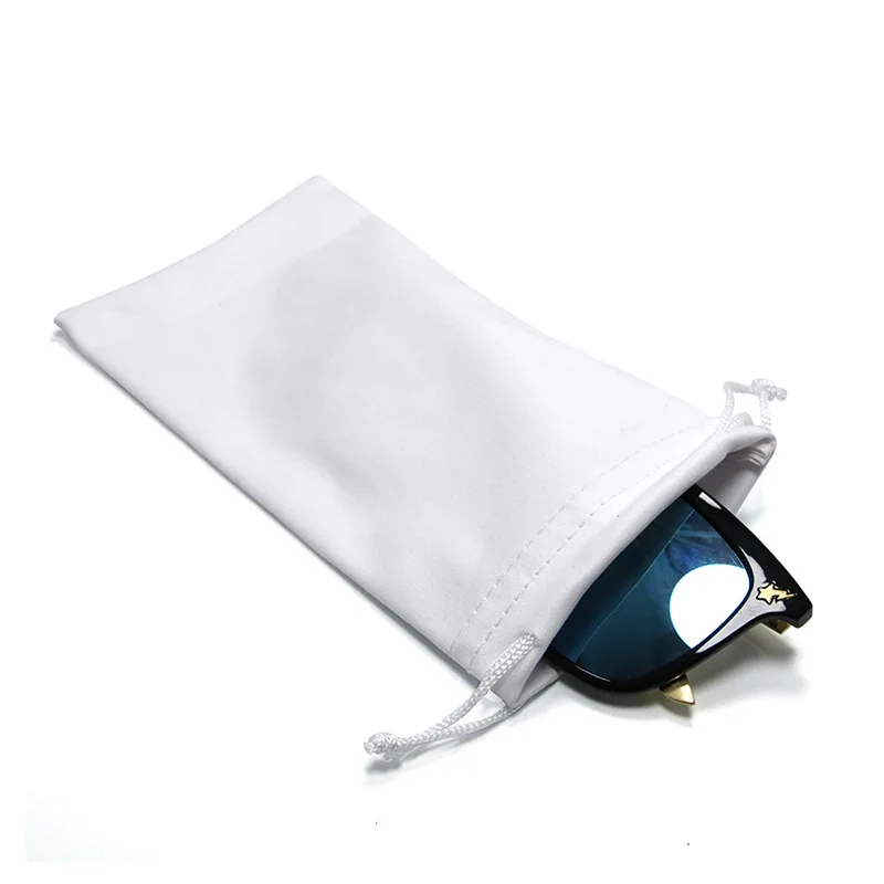 

High Quality Logo Printed Embossed Stamped White Black Soft Eyeglasses Package Reading Bags Microfiber Drawstring Glasses Pouch