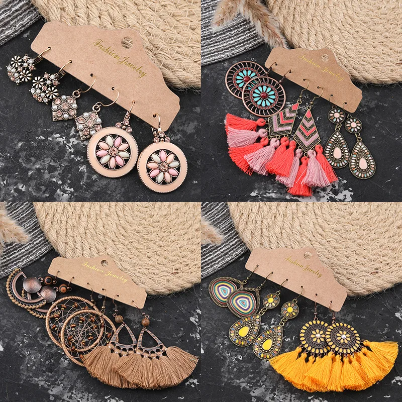 

Fashion vintage ethnic handmade zinc alloy tassel earrings sets for women 2021, Picture