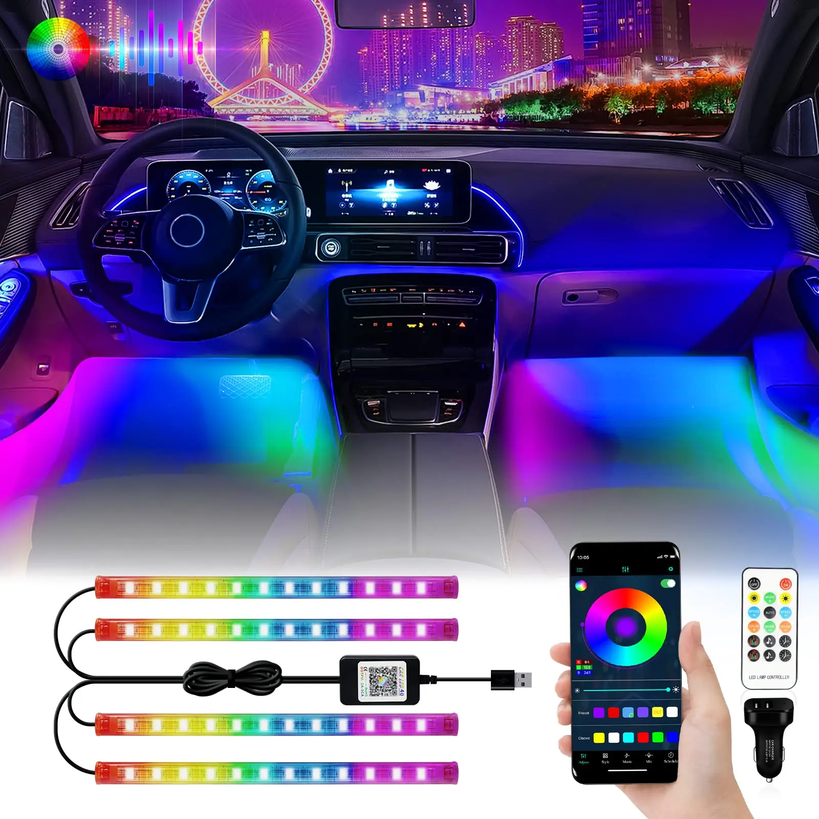 

2023 New 4pcs/set 36/48/72 leds Car Foot Ambient Light App RF Control RGB Auto Interior Decorative Atmosphere Lights