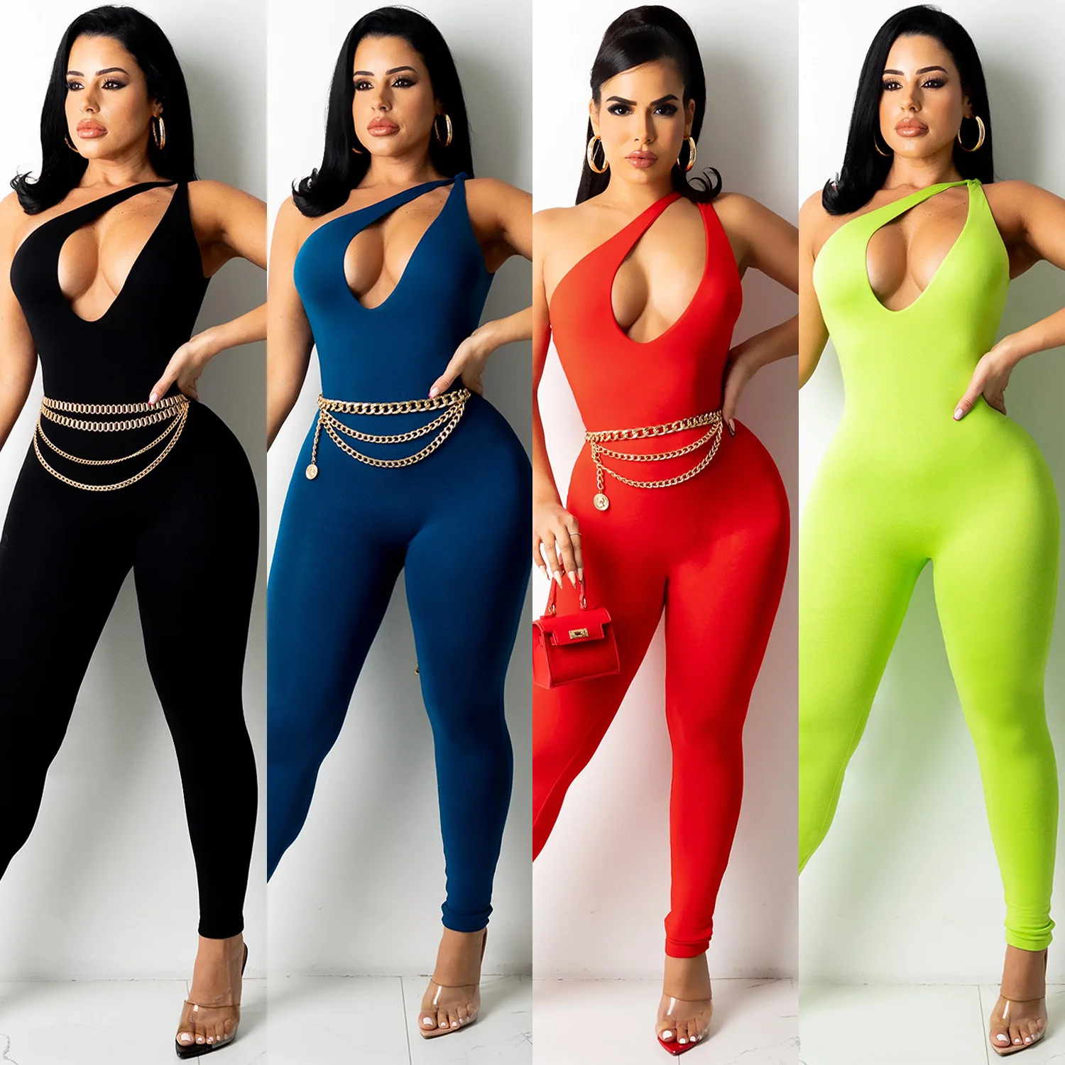 

F22076A Women's Solid Color Sleeveless Sexy Jumpsuits Slip Hollowed-Out Long Sleeve Nightclub Jumpsuits, Black, blue, red, green