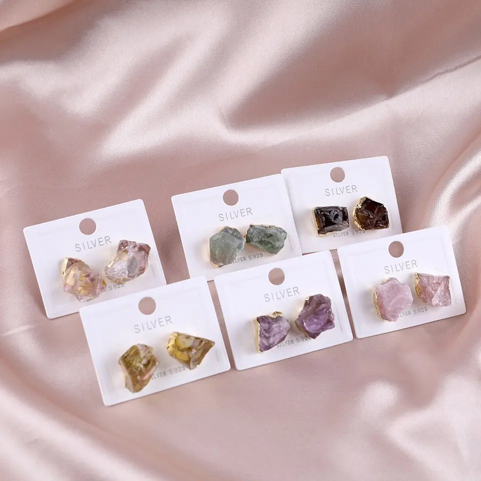 

2022 Fashion Gold Plated Handmade Natural Stone Amethyst Earring Jewelry Studs Woman Gemstone Rose Quartz Raw Crystal Earrings