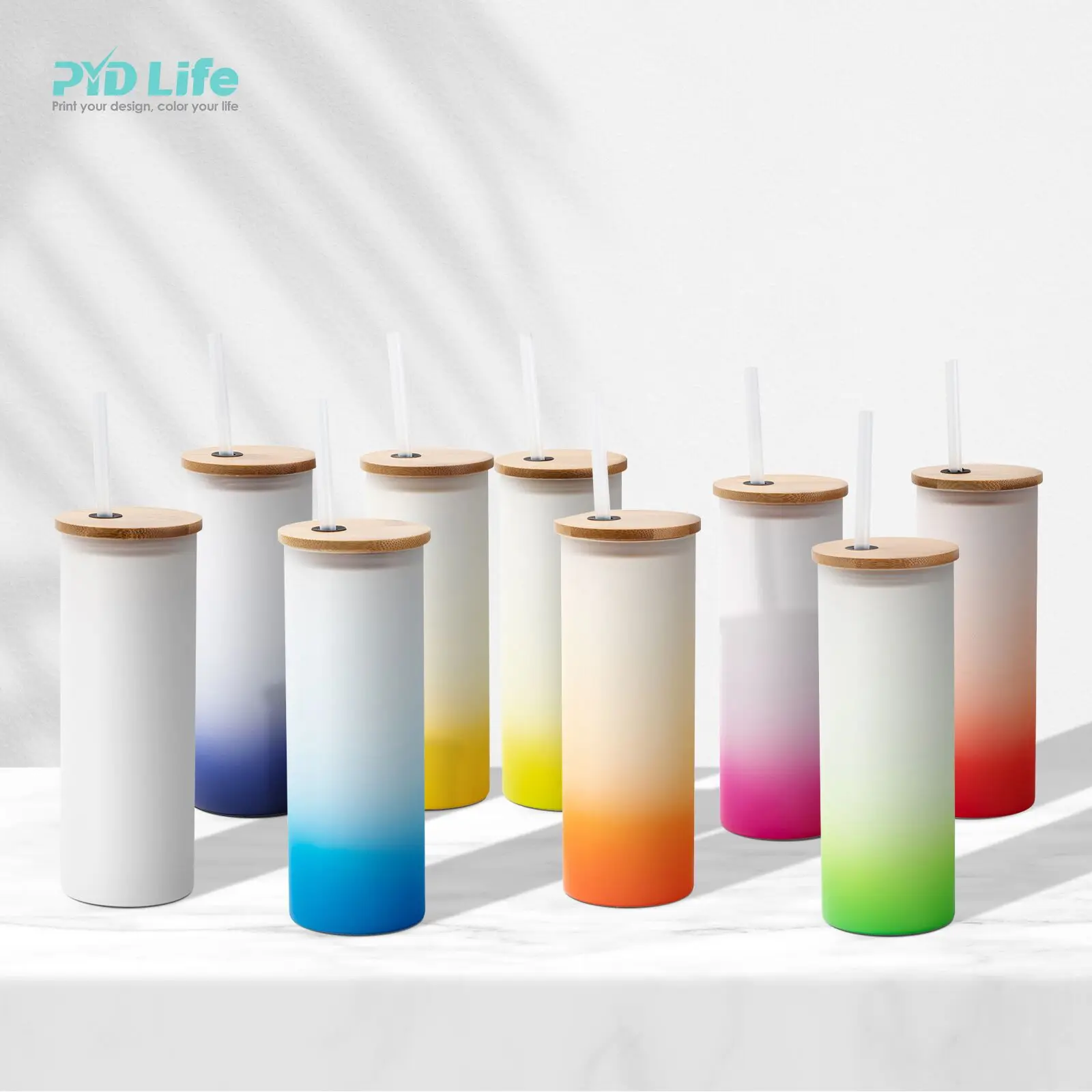 

PYD Life Sublimation Blanks 17 OZ Glass Bubble Tea Coffee Blue Mason Jar Skinny Tumbler Glass with Bamboo Wooden Lid and Straw