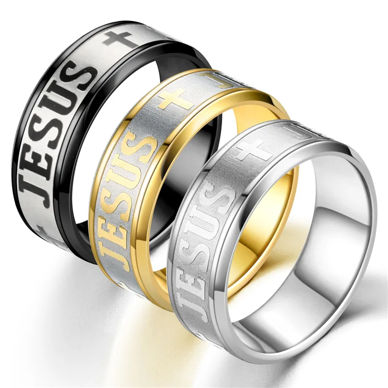 

Gold Golden Plated 316L Stainless Steel Finger Ring For Man Women Jesus Cross Rings Fashion Religious Jewelry Gift