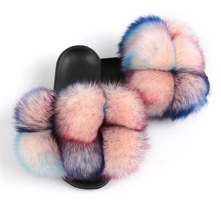 

2020 Fashion Women Fur Slippers Reall Flat Fluffy Fur Ball Sandals Ladies Cute Rainbow Furry Pom Pom Fur Slides, As pictures or customized color