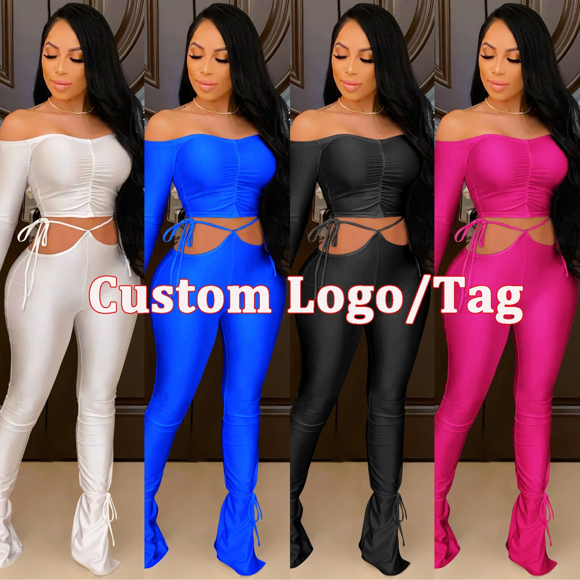 

Custom Logo Drop Shipping Autumn One Shoulder 2 Piece Set Sexy Two Piece Pants Set Stack Pants 2 Piece Set Women