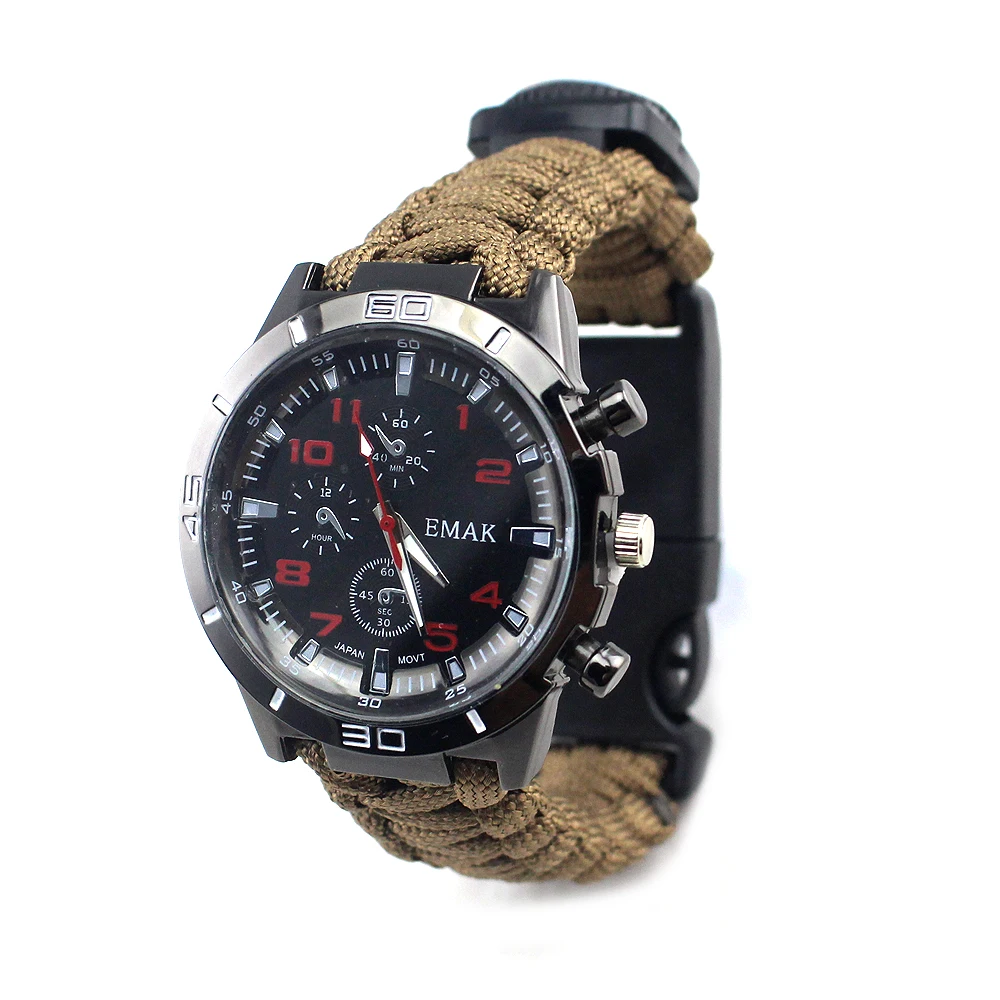 

Custom Logo Paracord 550 Rope Dongguan Plastic Bangle Watches, Wholesale Factory Camping Gear Hiking Watch, Brown