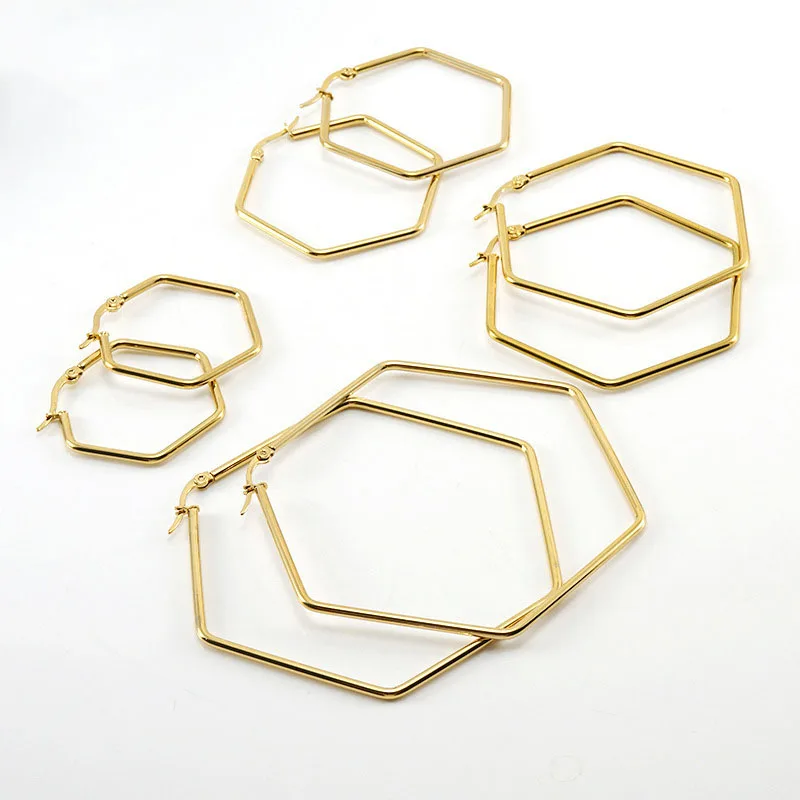 

Big Hexagon Hoop Earrings For Women Stainless Steel Jewelry Simple Fashion Gold Plated Large Geometry Huggie Hoop Earrings