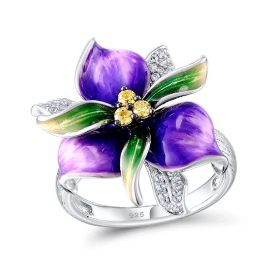 

Fashion Jewelry Manufacturer direct sale KYRA0601 Enamel Rings Purple flower 3A Zircon Ring for Women, Silver