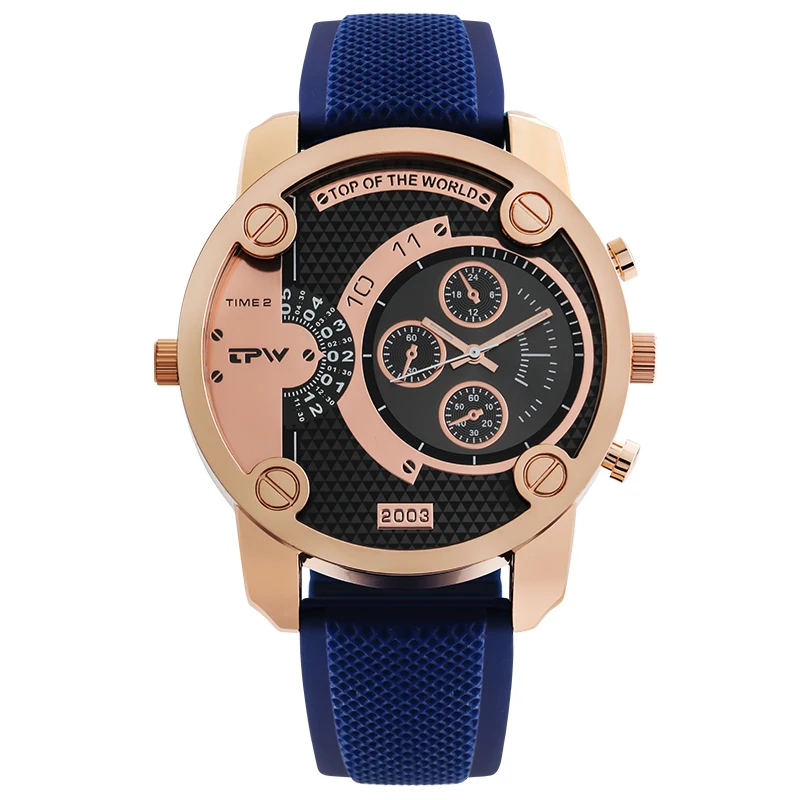 

Fashion men watch silicone material rose gold chronograph three-wire set big dial, Black,blue