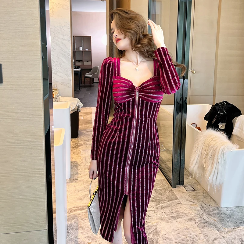 

10012 Spring Fall New Arrival Long Sleeve Vertical Stripe Office Lady Dress Wrap Slit Party Dress Vestidos