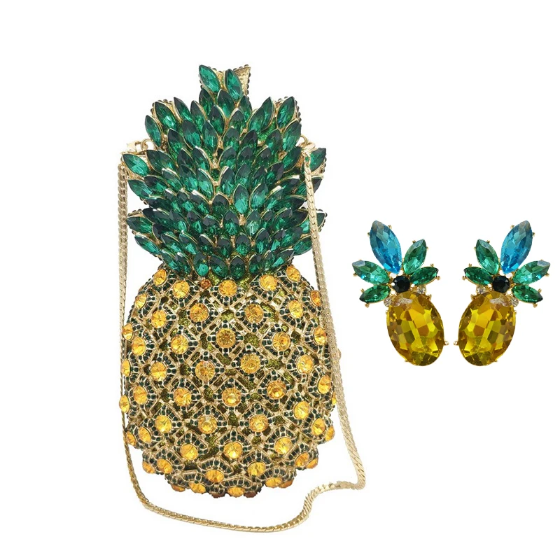 

Woman New Arrive Design Good Quality Sparkle Metal Evening Clutch Handbag Crystal Rhinestone Purse pineapple Diamond Clutch Bags, Multi