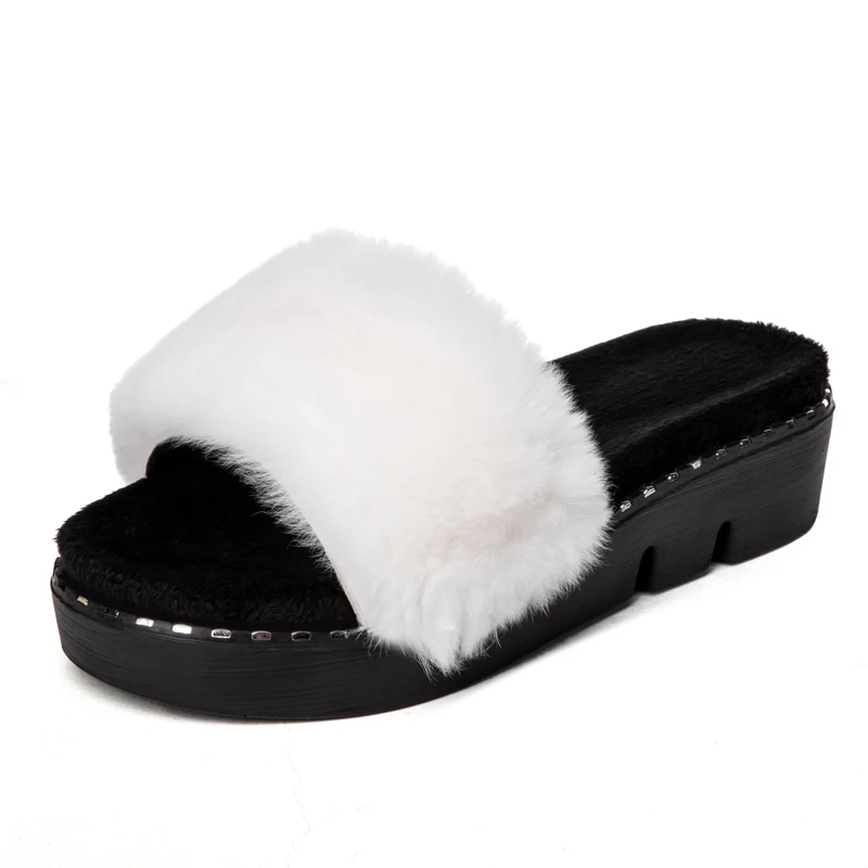 

Wholesale Thick Heel Fox Fur sandals Open Toe women sliders flat slippers