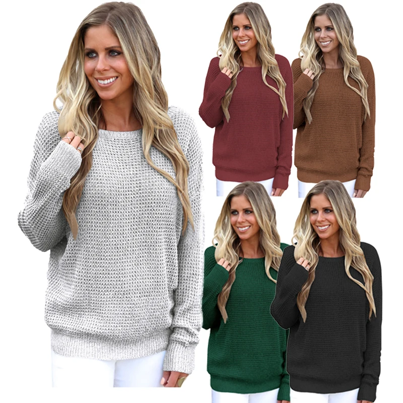 

Winter Outwear For Women O-Neck Long Sleeve Cross Back Hollow-out Sweater