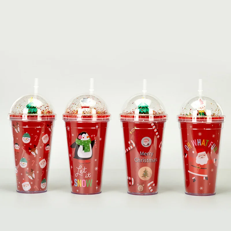 

H37 450ml Double Wall Christmas Gift for Kids Plastic Drinkware Reusable Smoothie Christmas Cups With Lid And Straw