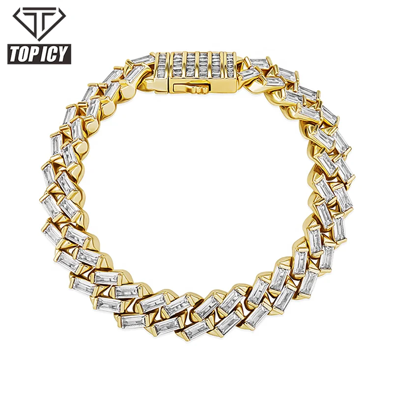 

TOP ICY Hip Hop 12mm Iced Out Cuban Link Bracelet Cuban Bracelet Gold Plated Jewelry Crystal Bracelet, Gold/ white gold