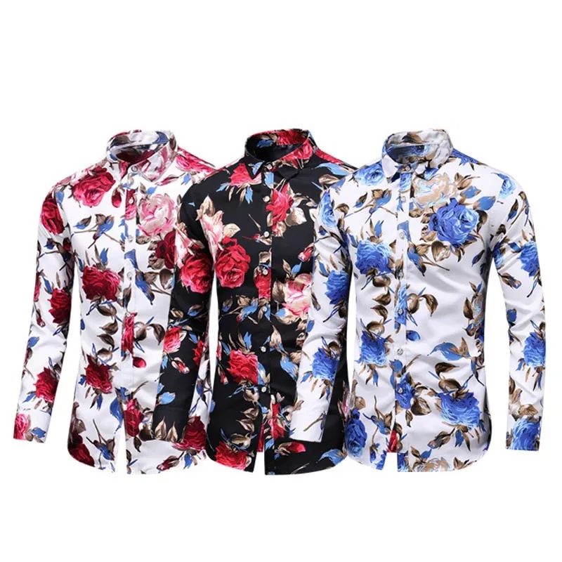 

New Autumn New Long Sleeve Flowers Rose Plus Size Down Social Hawaiian Floral Shirt, Most colors on the market can be customized