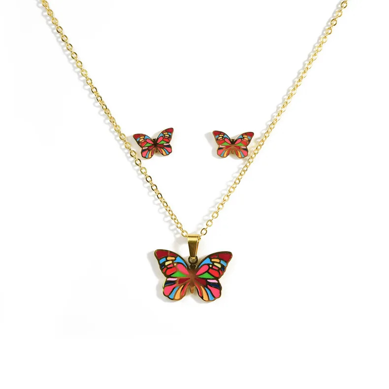 

Butterfly Pendant Jewelry Set Necklace Earrings Animal Shaped Oil Gold Plated Children Bridal Gift Stainless Steel Jewelry Set