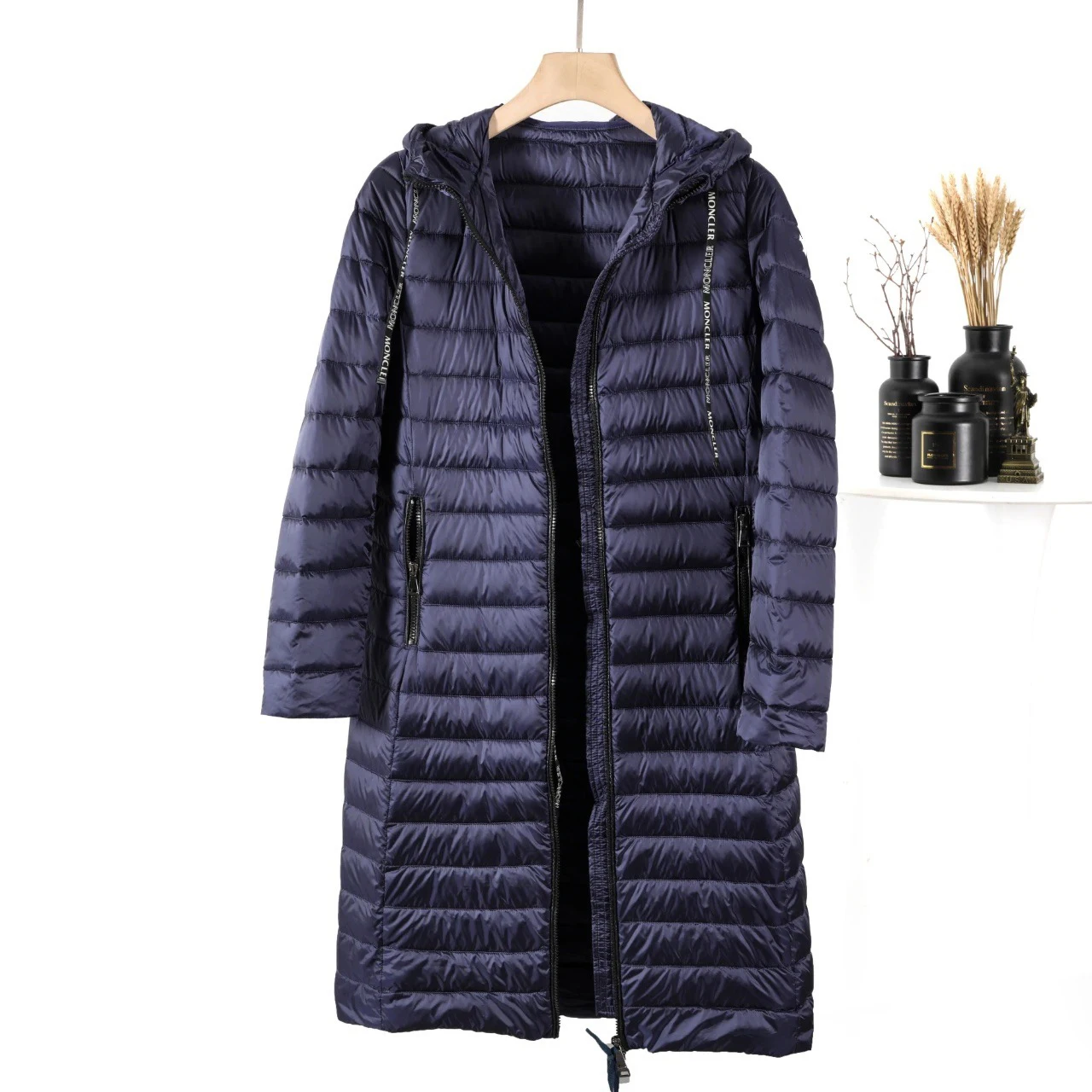 

Wholesales Mon long women winter down jacket over the knee hooded Ribbed light warmth long sleeve windproof waterproof coat, Black brown blue white red