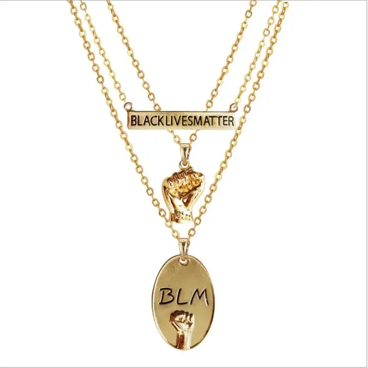 

BLM Jewelry 2020 gold fist engraved BLACK LIVES MATTER Horizontal Bar Necklace 3pcs layered necklace set