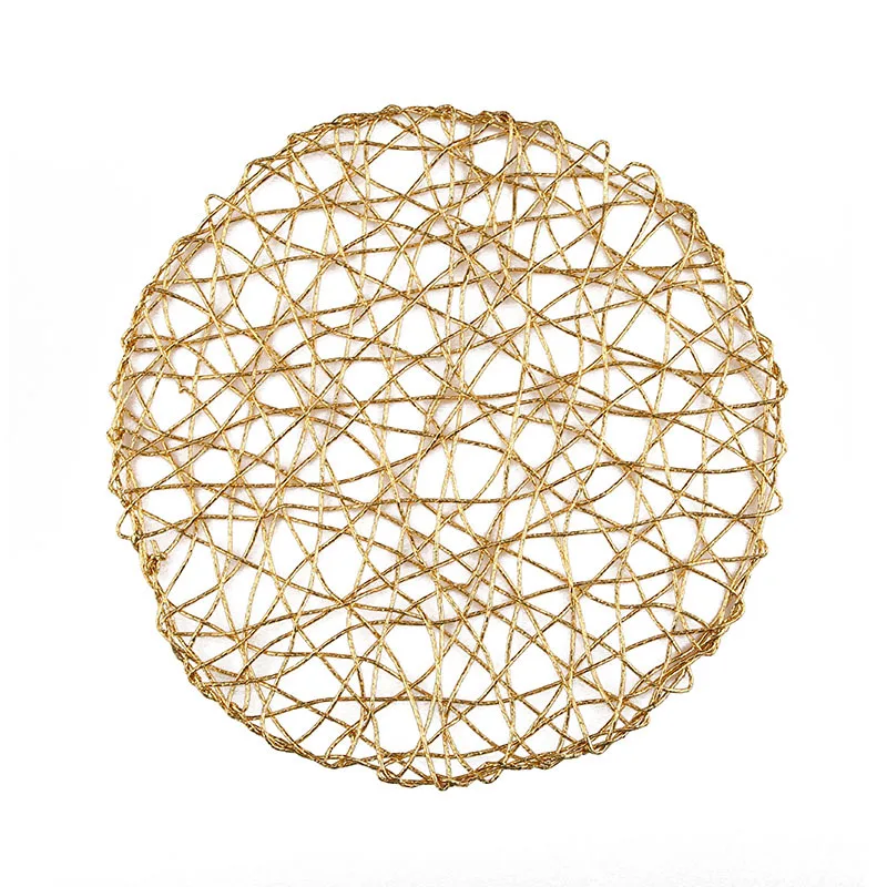 

PVC gold paper chaotic straw round disc pad hollow hand-woven art decoration table mat, Gold, silver, rose gold