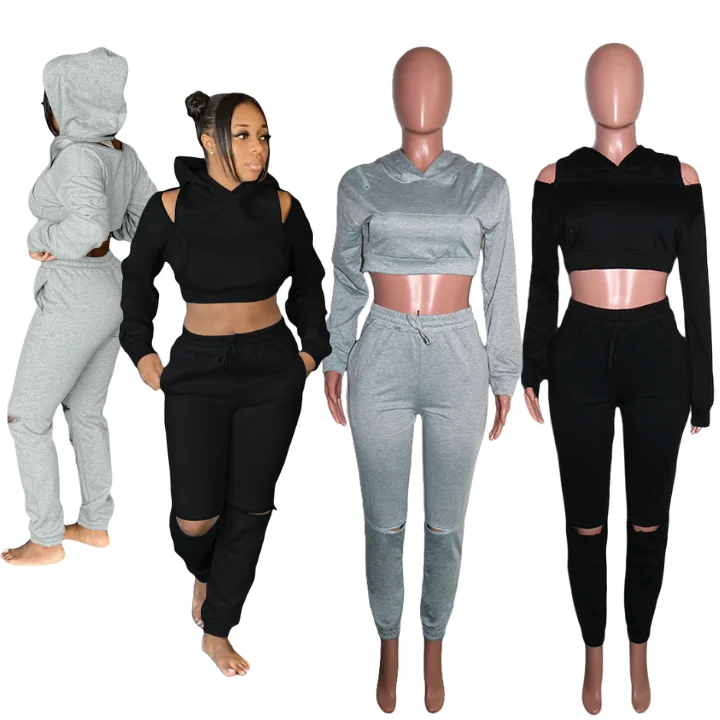 

New Design Women's 2 Piece Outfit Workout Tracksuit Long Sleeve Hoodie Free Style Crop Top Jogger Pants Set