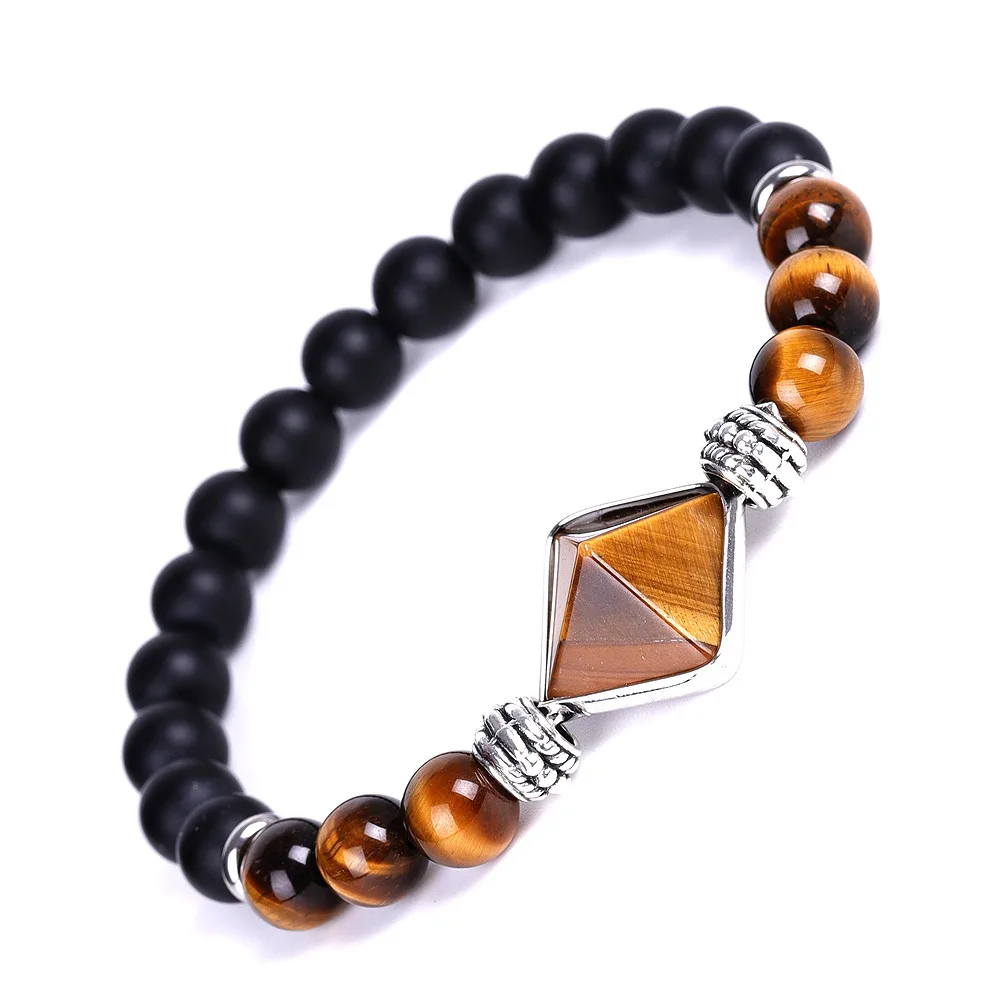 

2021 New Factory Wholesale Price 8mm Natural Tiger Eye Pyramid Chakra Genuine Stone Jewelry Bracelet Men