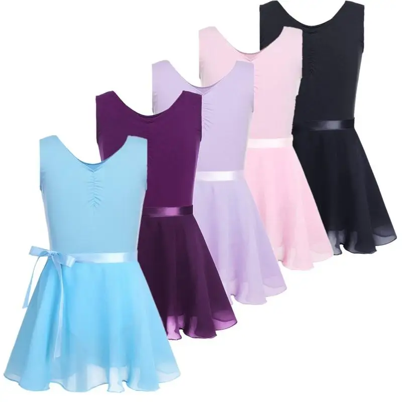 

Cheap Girls Cotton Sleeveless Leotard With Tied Skirt Gymnastics Ballet Dance Costumes Set