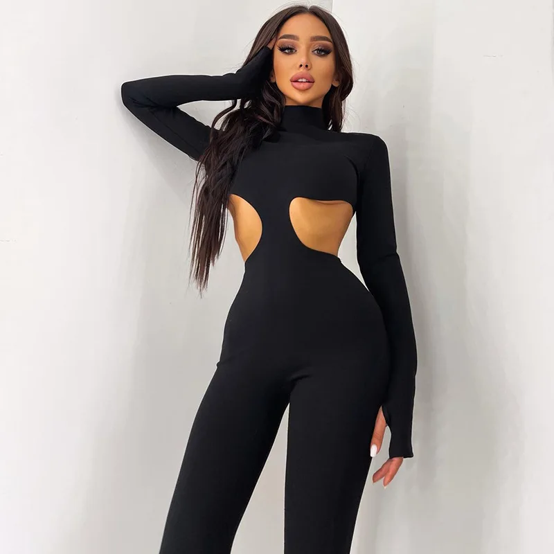 

Hot Sales Summer Fashion Sexy Hollow Out Jumpsuit Turtleneck Long Sleeve Black Bodycon One Piece Lady Jumpsuit, Picture color