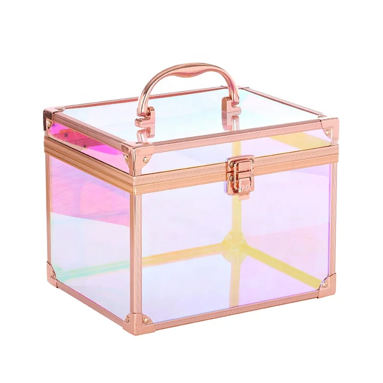 

Custom Travel Professional Clear Stylish Laser Holographic Acrylic Cosmetics Makeup Boxes Luxury Vanity Beauty Makeup Train Case