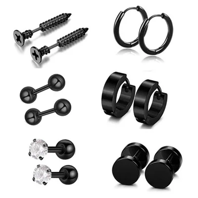 

6 Pairs Hip Hop Stainless Steel Earrings Set Barbell Cubic Zircon Mens Stud Earrings Screw Earrings, As picture