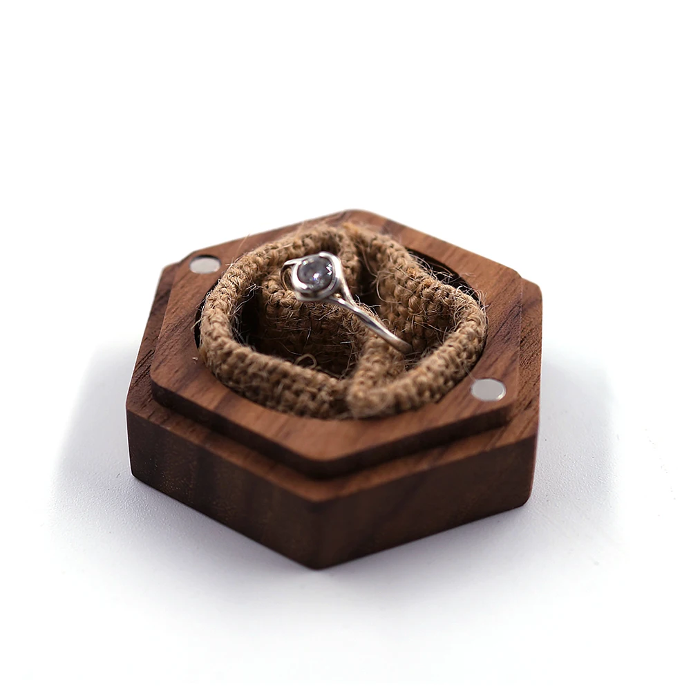 

New Arrival Luxury Custom Logo Walnut Wooden Wedding Jewelry Rings Box, Black