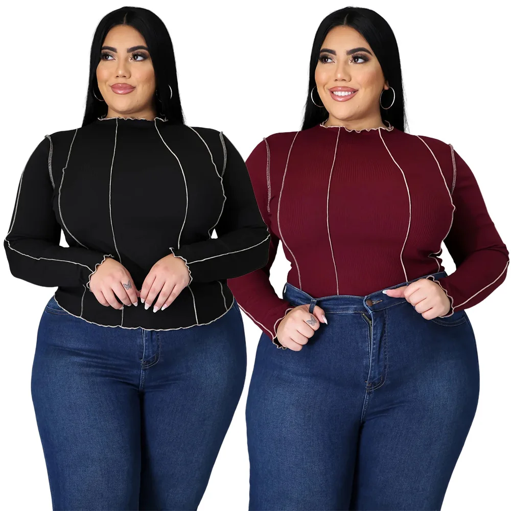 

ORAP7011 Solid color ribbed ladies plus size women blouses long sleeve reverse hem plus size lady blouse women top, As pics