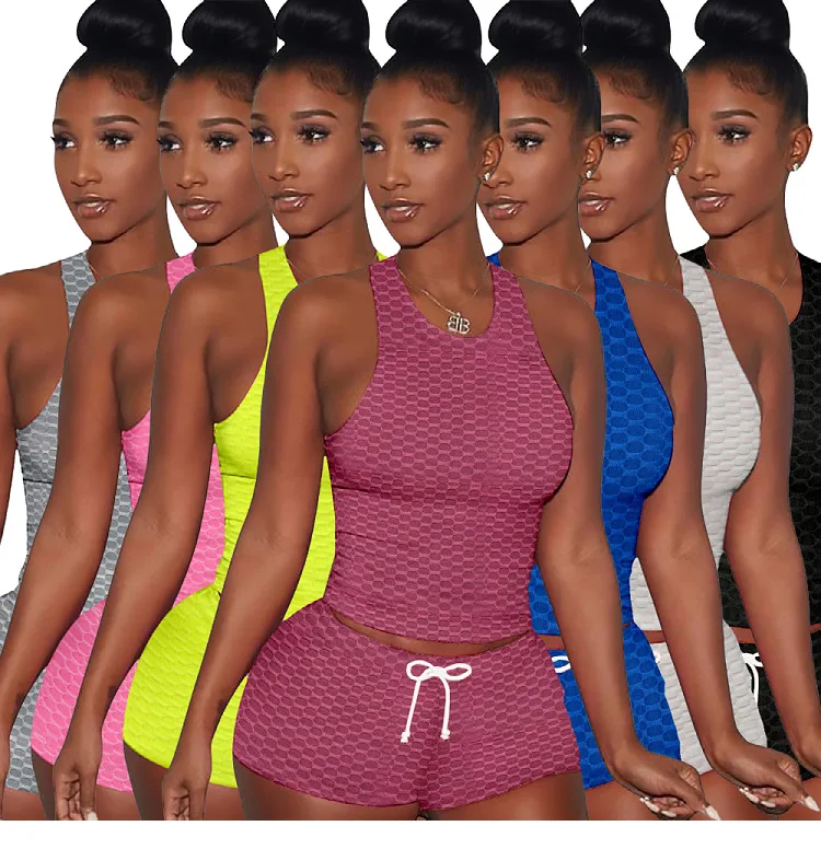 

YSM861 Zoom Life 2021 New Arrival Summer Women's Clothes Round Neck Sleeveless Bubble Bikers Set Yoga Shorts Sports Suit