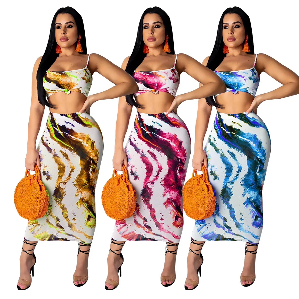 

New Style Fashion Tie Dye Skirt Suit Spaghetti Straps Sexy Two Piece Set Women Clothing