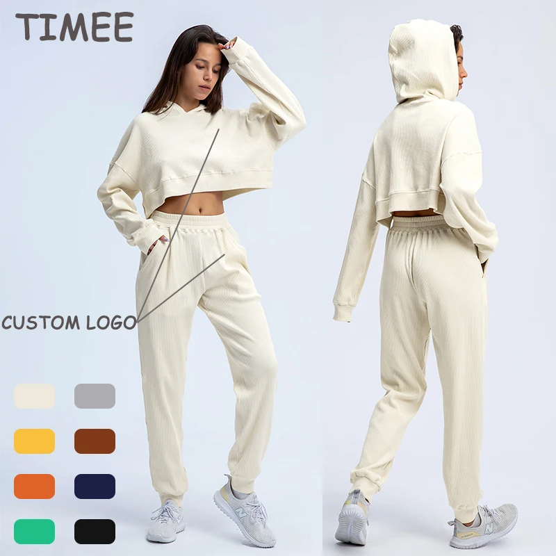 

Hoodie elastic waist loose pants suit sports suit hoodies custom logo cotton women's hoodies set, As shown or customized