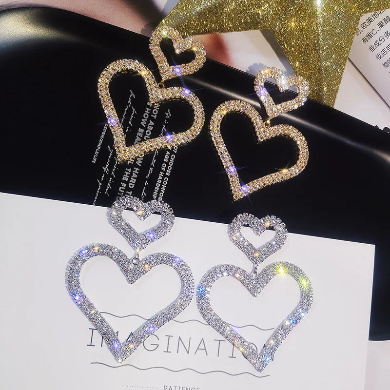 

JINGLIANG Fashion Exaggerated Diamond Heart Earrings Women Double Dangling Heart Earrings Jewelry, Colorful
