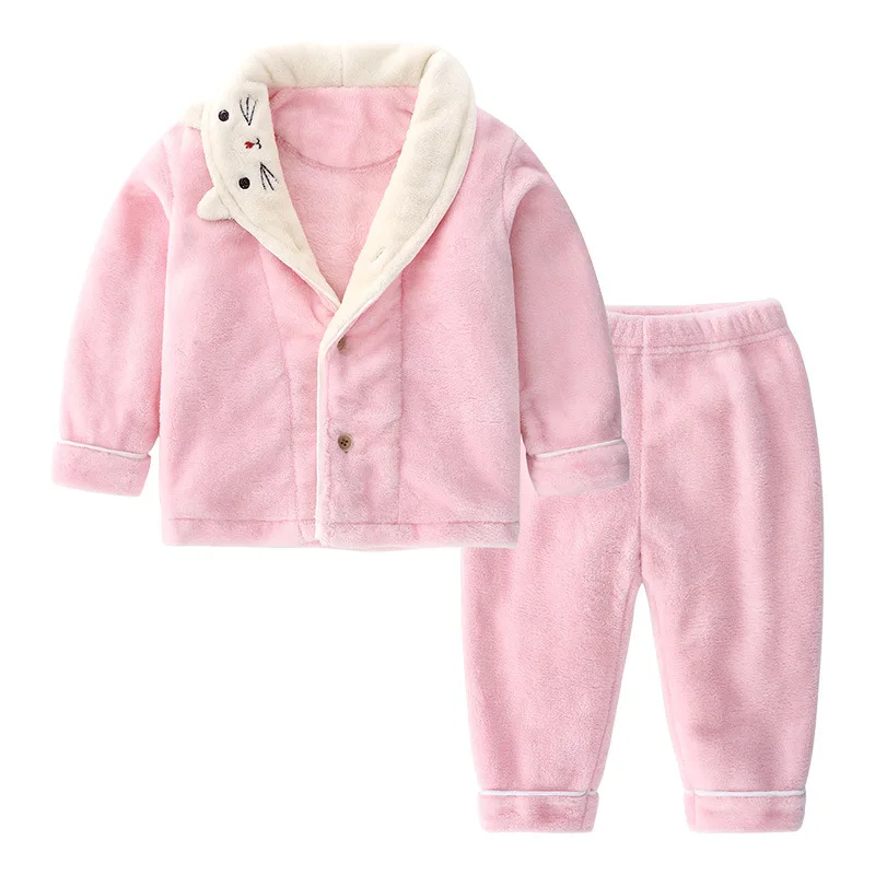 

Children's flannel home set color matching cartoon collar cardigan