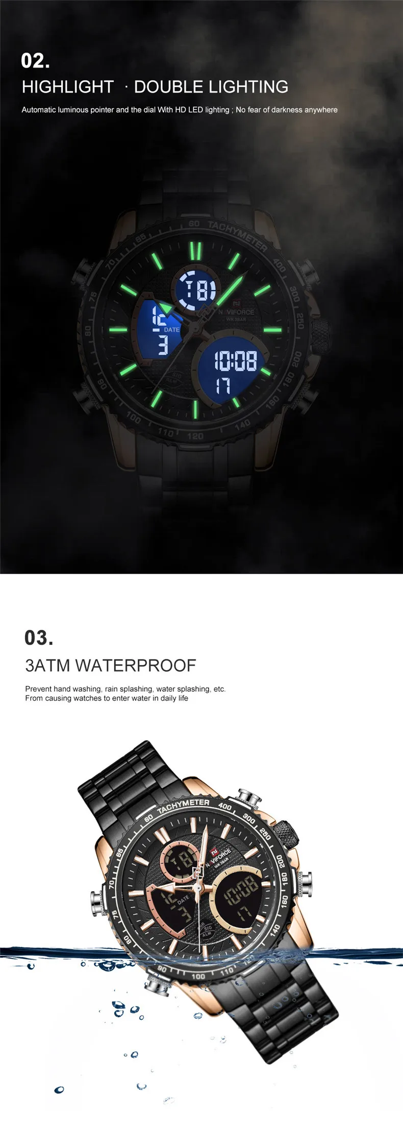 NAVIFORCE 9182 Watch for Men Luxury Brand LED Digital Wristwatch Sport Quartz Male Waterproof Luminous Clock Relogio Masculino