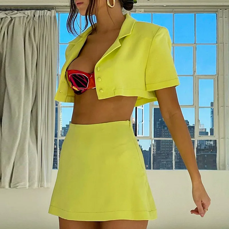

Summer new women clothing collar short sleeve buttoned navel bag hip 2 pieces skirt set, Customized color