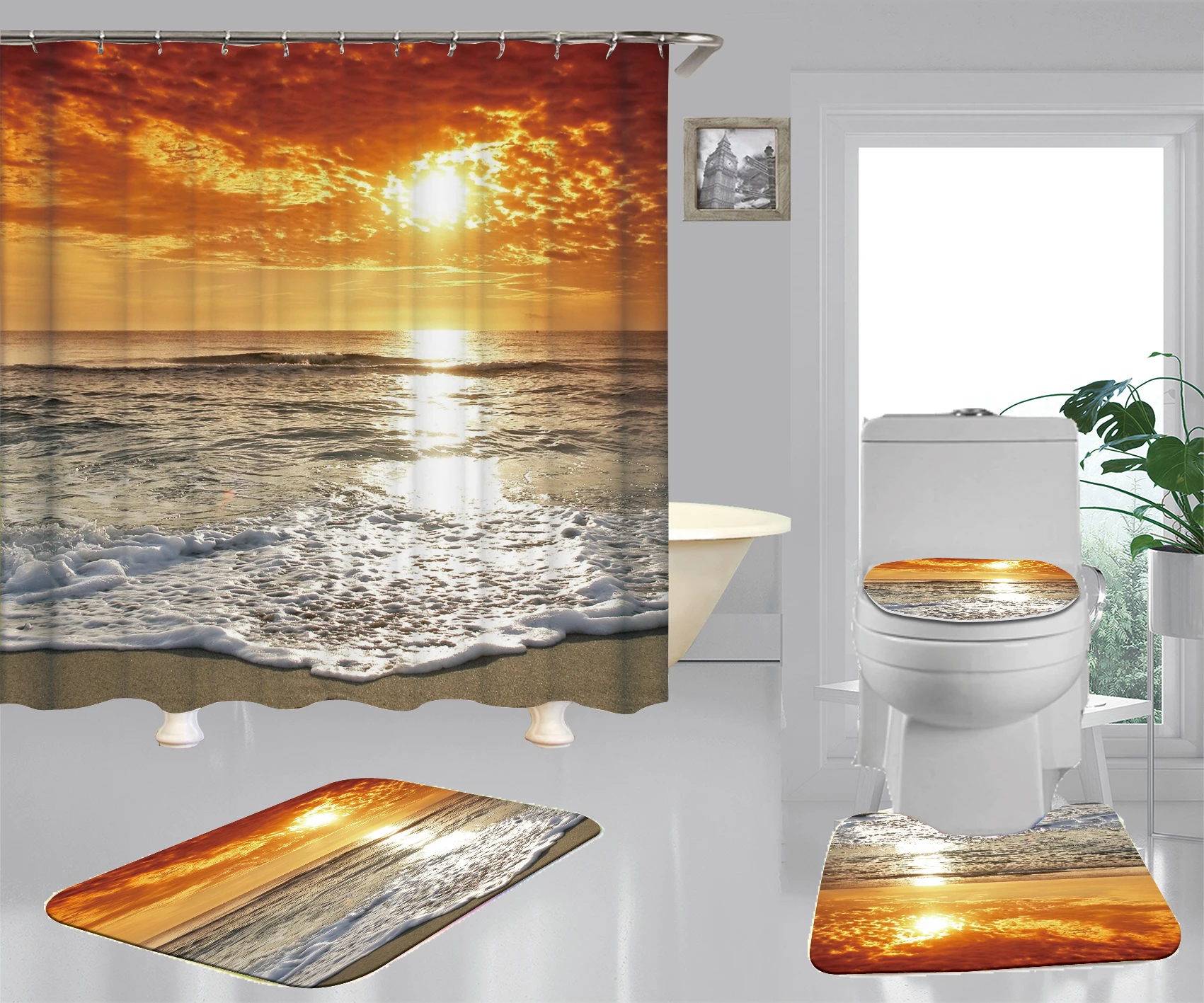 

3D Printed Sunset Scenery Bathroom Shower Curtain With Toilet Seat Non-slip Bathroom Mat