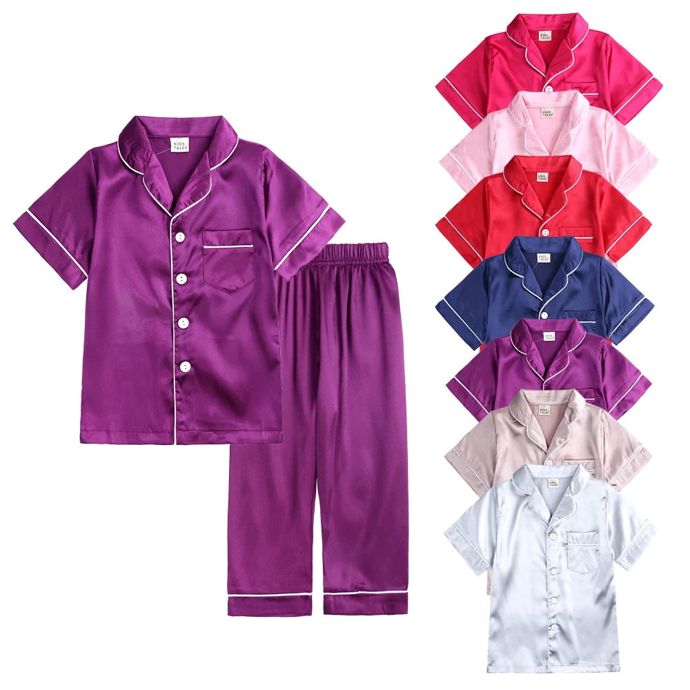 

wholesale children pajamas girl silk satin 2 piece sets high quality kids pyjamas loungewear, As picture